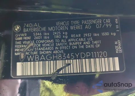 2000 BMW 740Il z USA, uszkodzony, nr VIN WBAGH8345YDP11120